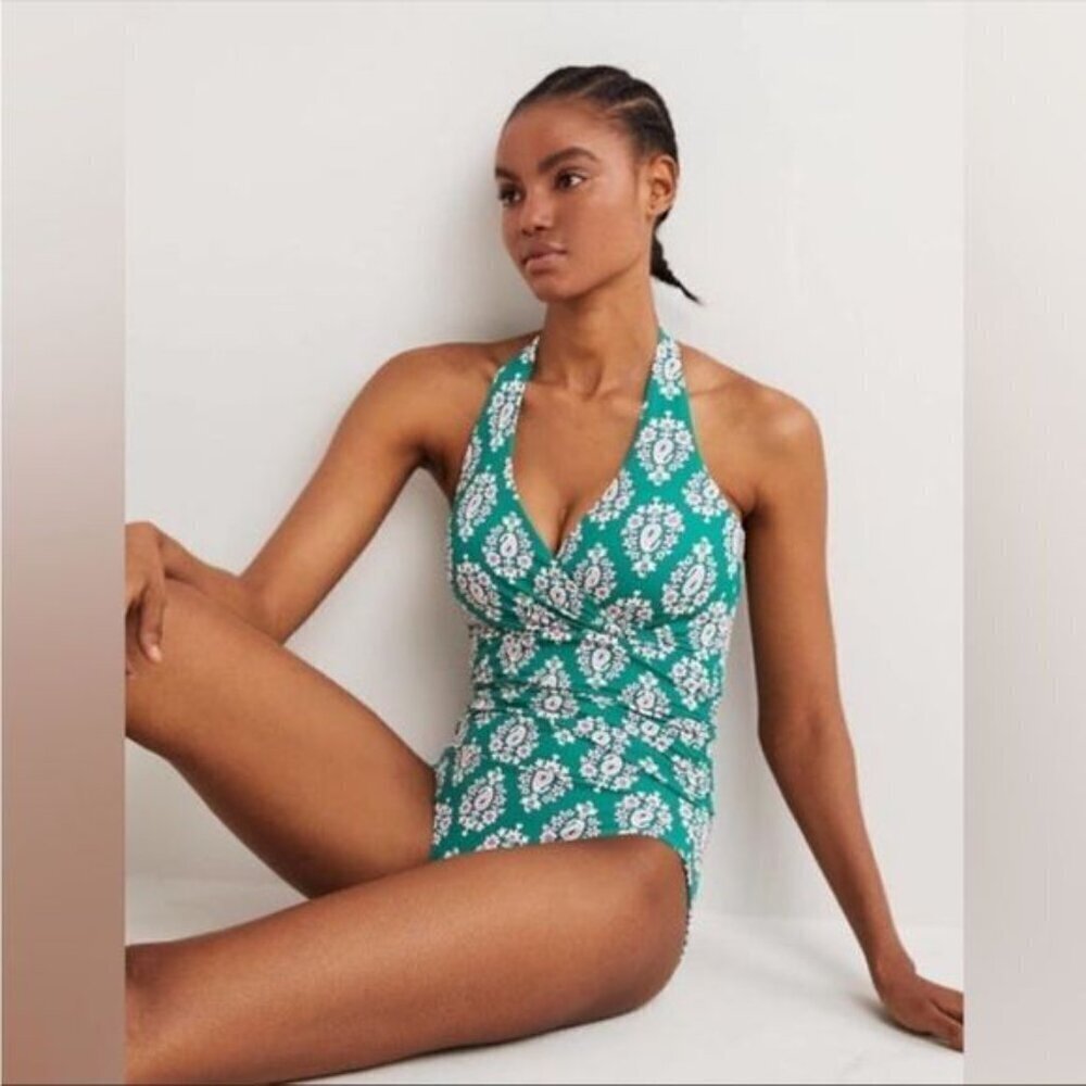 Boden Green Floral Halter One-Piece Swimsuit